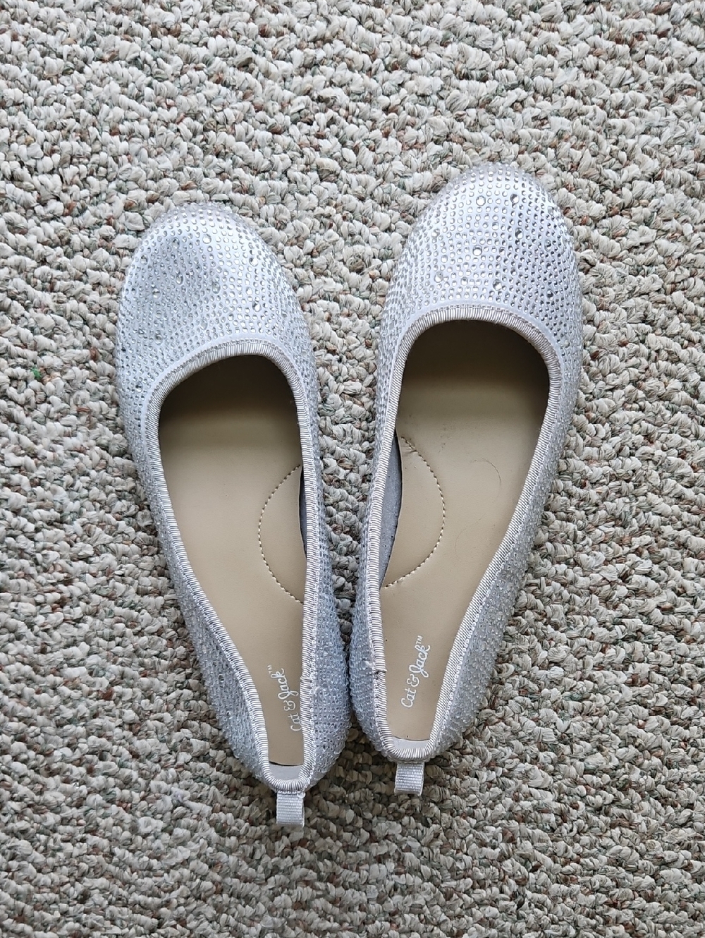 Cat & Jack Silver Glitter Rhinestone Ballet Flats Big Kid Sz 4
